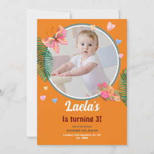 Orange1er Anniversaire Papillon Invitation avec ph