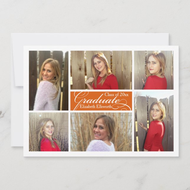 Orange 6-Photo Collage Custom Graduation Invitation (Front)