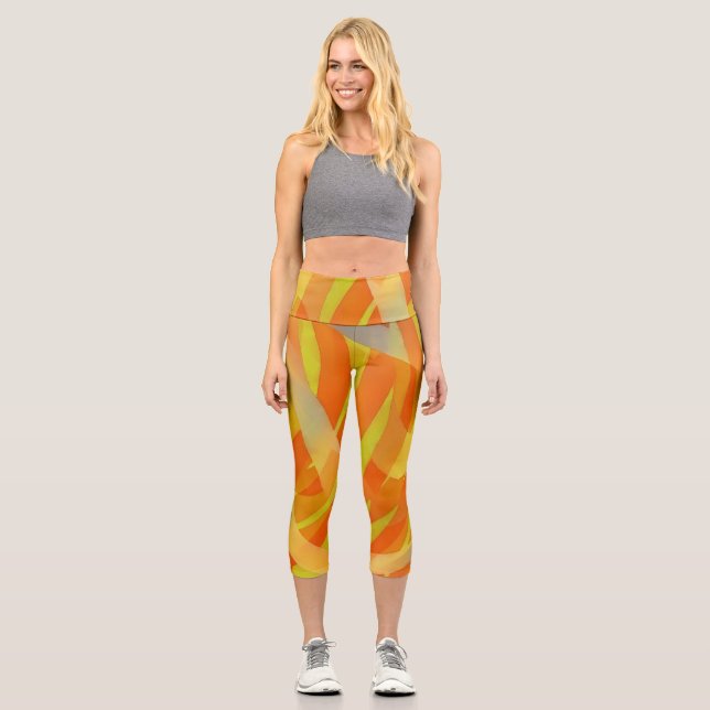 Orange Abstract Art Capri Yoga Exercise Leggings (Front)