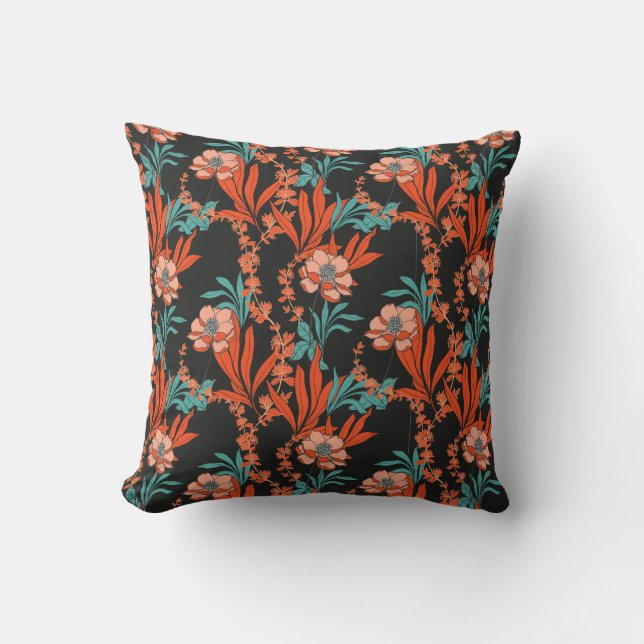 Orange Abstract Floral Pattern Throw Pillow (Front)