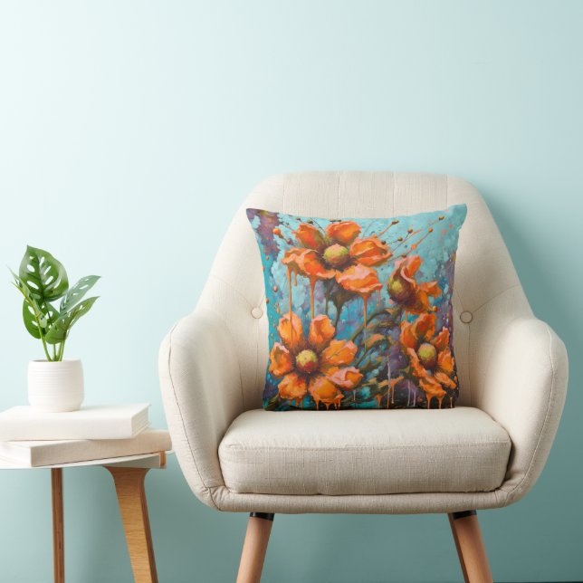 Orange Abstract Flower with Paint Drips Throw Pillow (Chair)