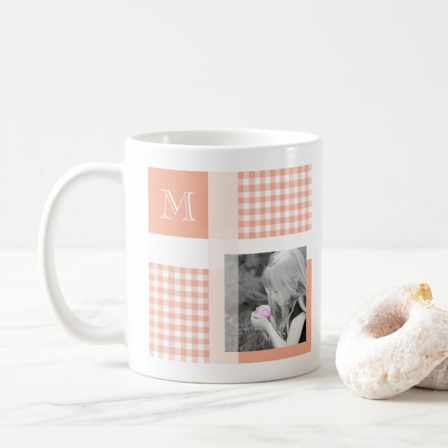 Orange Add Your Photo Gingham Modern Monogram Coffee Mug (With Donut)