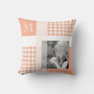 Orange Add Your Photo Gingham Modern Monogram Throw Pillow