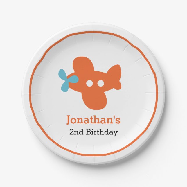 Orange Airplane Boy Birthday Personalized Paper Plate (Front)
