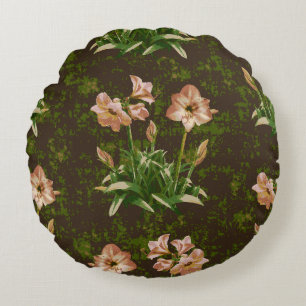 Orange Amaryllis Floral Round Throw Pillow