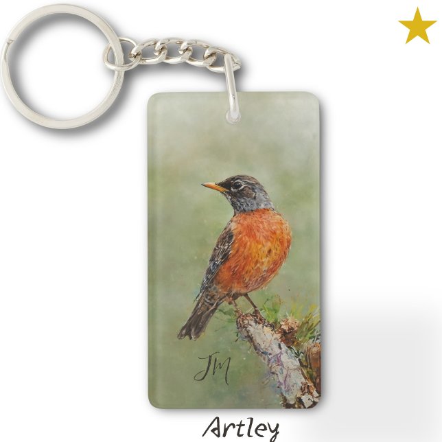 Orange American Robin Bird Painting Initials Keychain (Creator Uploaded)