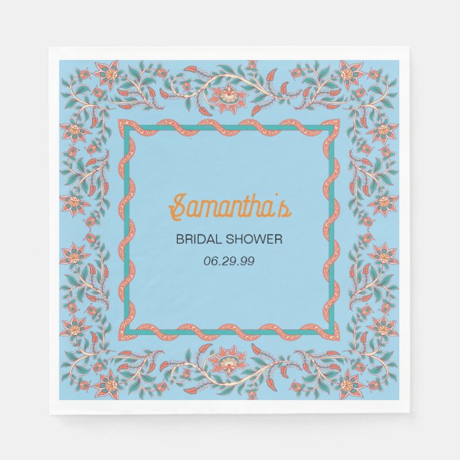 Orange and Aqua Blue Floral Bridal Shower Napkin (Front)