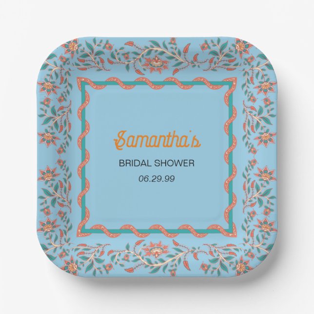 Orange and Aqua Blue Floral Bridal Shower Paper Plate (Front)
