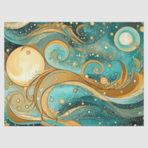 Orange and Aqua Galaxy With Moons Stars and Swirls Tissue Paper