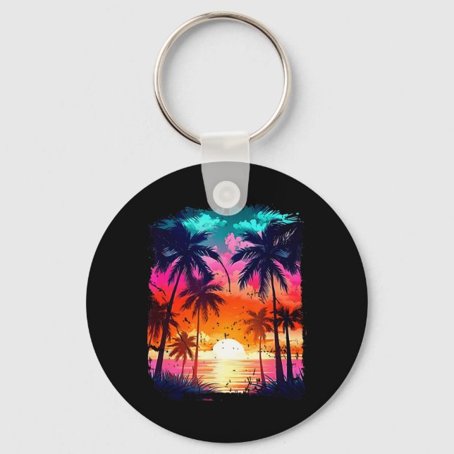 Orange and Aqua Sunset with Silhouetted Palm a Keychain (Front)