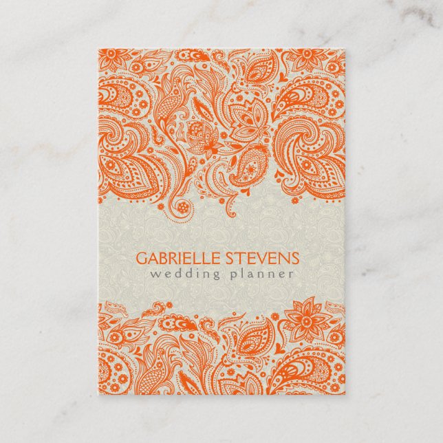 Orange And Beige Floral Paisley Lace Business Card (Front)