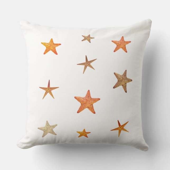 Orange and beige sea stars on white throw pillow (Front)
