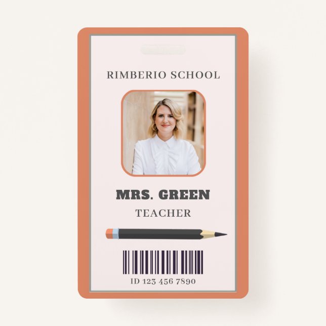 Orange and Beige Simple Scribbles Teacher ID Card Badge (Front)