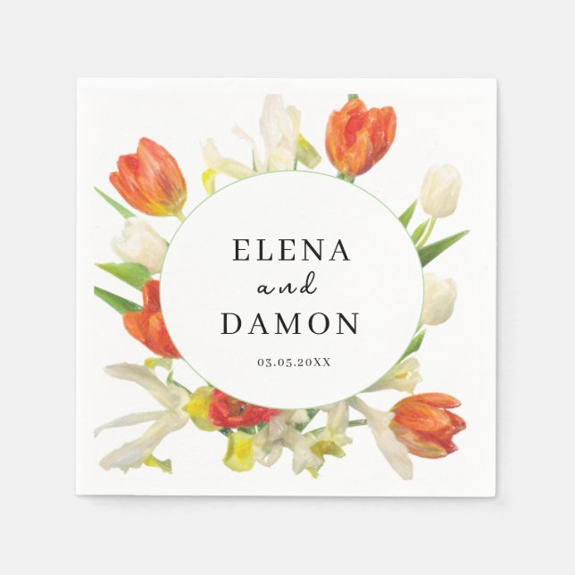 Orange and Beige Tulip Wedding Napkin (Front)