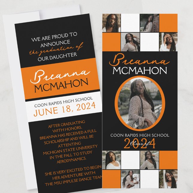 Orange and Black 9 Photo Graduation Announcement (9 Phot Elegant Orange and Black Graduation Photo Announcements)