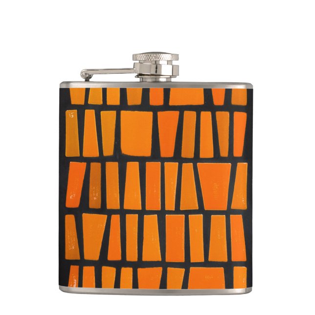 Orange and black african tribal pattern hip flask (Front)