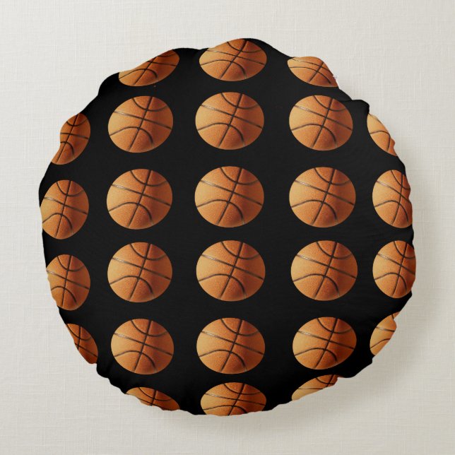 Orange And Black Basketball Pattern, Round Pillow (Back)
