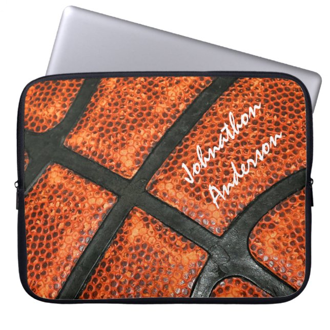 Orange and Black Basketball Pattern With Autograph Laptop Sleeve (Front)