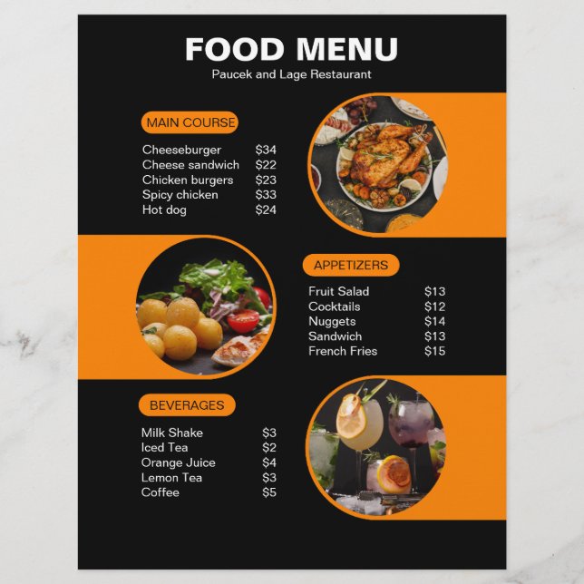 Orange and Black Bold Geometric Restaurant Menu (Front)