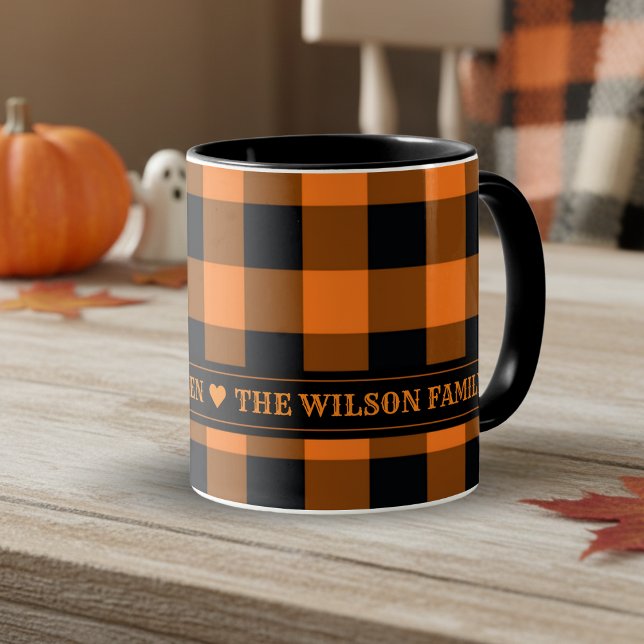 Orange and Black Buffalo Check Custom Halloween Mug (Orange and Black Buffalo Plaid Custom Mug with Heart Accents - Just add your name or family name.)
