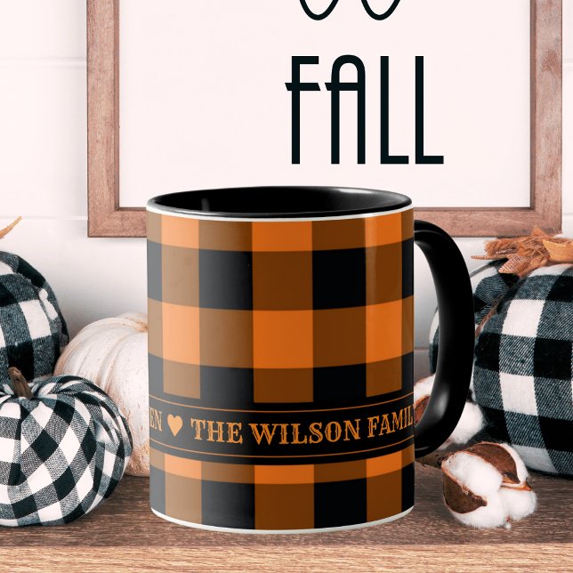 Orange and Black Buffalo Check Custom Halloween Mug (Orange and Black Buffalo Plaid Custom Mug with Heart Accents - Just add your name or family name.)