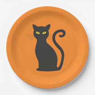 Orange and Black Cat Halloween Paper Plate