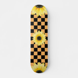orange and black Checkered & Sunflower  Skateboard