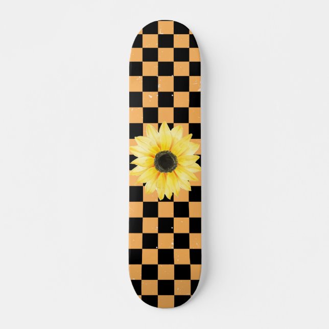 orange and black Chequered & Sunflower Skateboard (Front)
