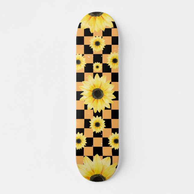 orange and black Chequered & Sunflower Skateboard (Front)