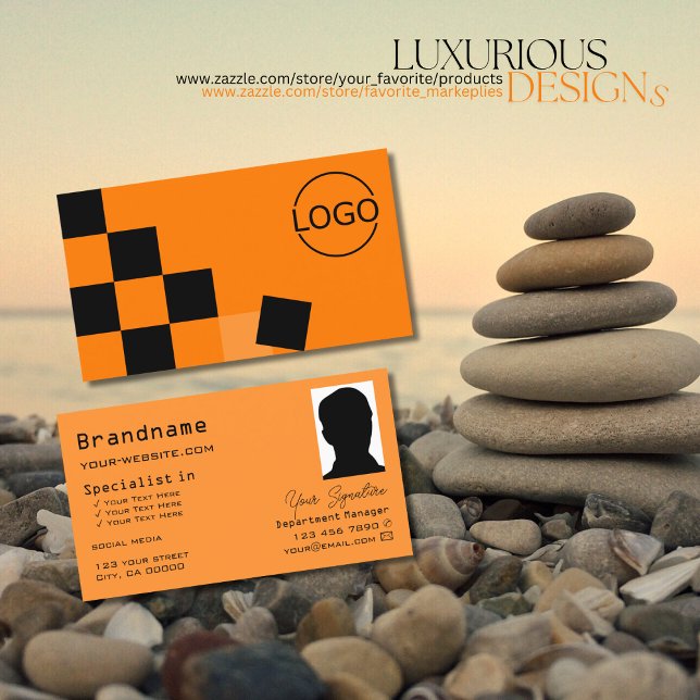 Orange and Black Chessboard with Logo & Photo Chic Business Card (Creator Uploaded)