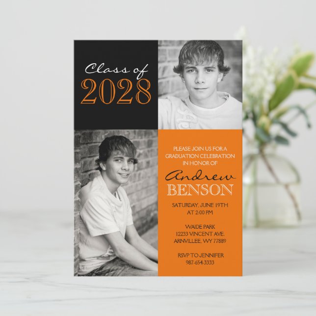 Orange and Black Classic 2 Photo Graduation Invitation (Standing Front)