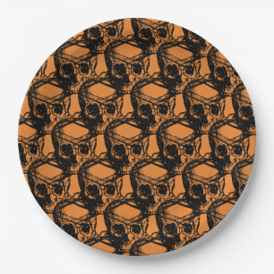 Orange and Black Cool Spooky Skull Halloween party Paper Plate