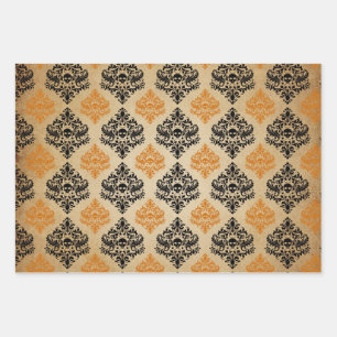 Orange and Black Damask Skull Wrapping Paper Sheet