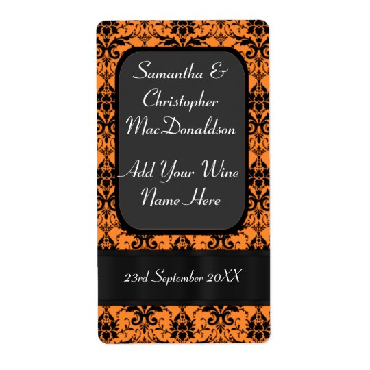Orange and black damask wedding wine bottle shipping label