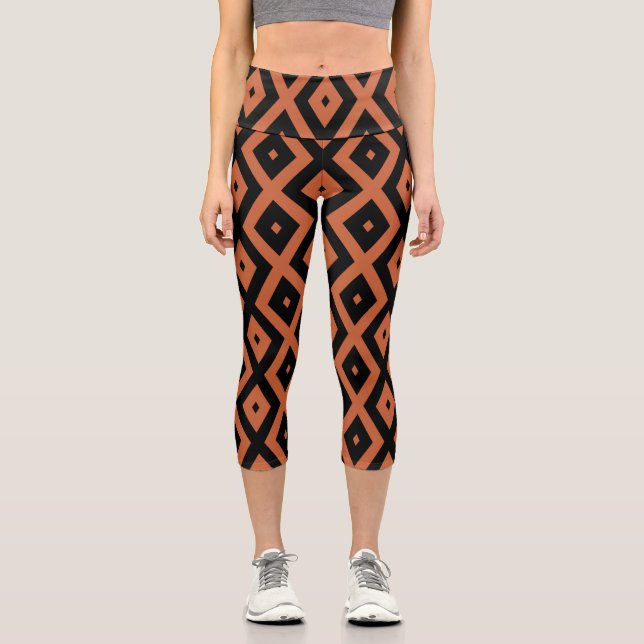 Orange and black diamond pattern capri leggings (Front)