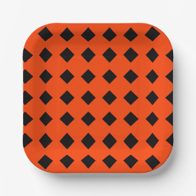 Orange and Black Diamond Pattern Halloween  Paper Plate (Front)