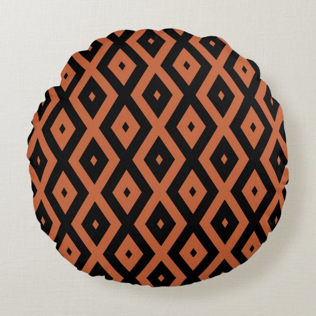 Orange and black diamond pattern round pillow (Front)
