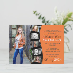 Orange and Black Filmstrip 6 Photo Graduation Invitation