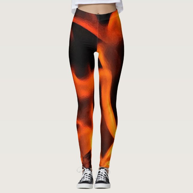 Orange and Black Fire Abstract Pattern Leggings (Front)