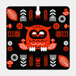 Orange And Black Folk Art Nordic Owl Metal Ornament