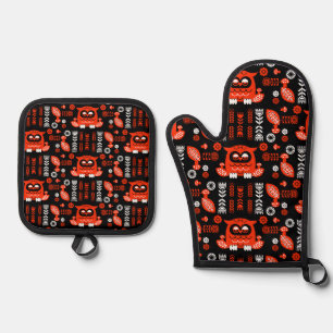 Orange And Black Folk Art Nordic Owl Oven Mitt & Pot Holder Set