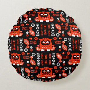 Orange And Black Folk Art Nordic Owl Round Pillow