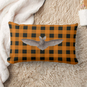 Orange and Black Gingham With  Brown Bat Lumbar Pillow