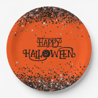 Orange and Black Glitter Happy Halloween Paper Plate