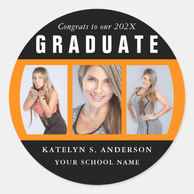 Orange and Black Graduation Photo Collage Classic Round Sticker (Front)