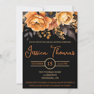 Orange and Black, Halloween, Floral Bridal Shower  Invitation