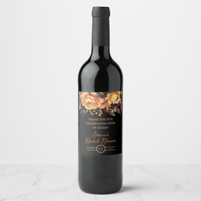 Orange and Black, Halloween, Floral Bridal Shower  Wine Label (Front)