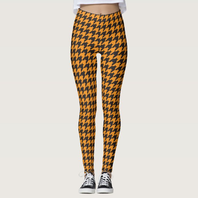 Orange and Black Houndstooth Pattern Leggings (Front)