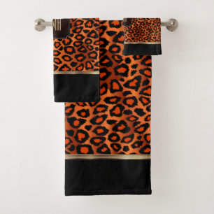 Orange and Black Leopard Pattern with Monogram Bath Towel Set