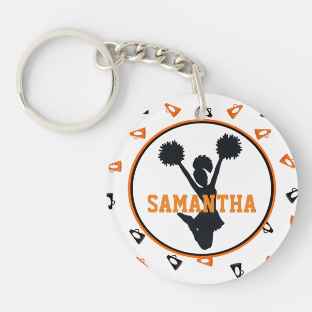 Orange and Black Megaphones Cheerleader Photo Keychain (Front)
